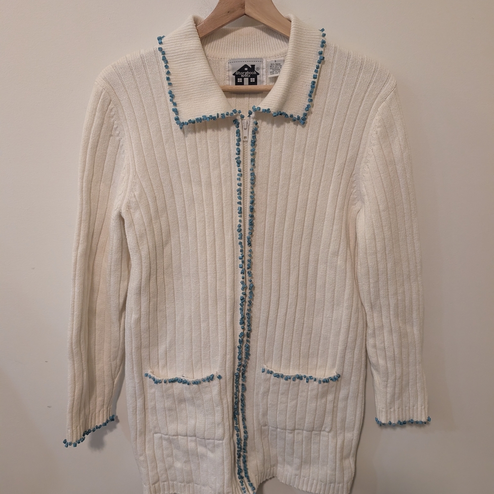 Storybook Knits All About Turquoise White Ribbed Zip Cardigan with Stone Trim S
